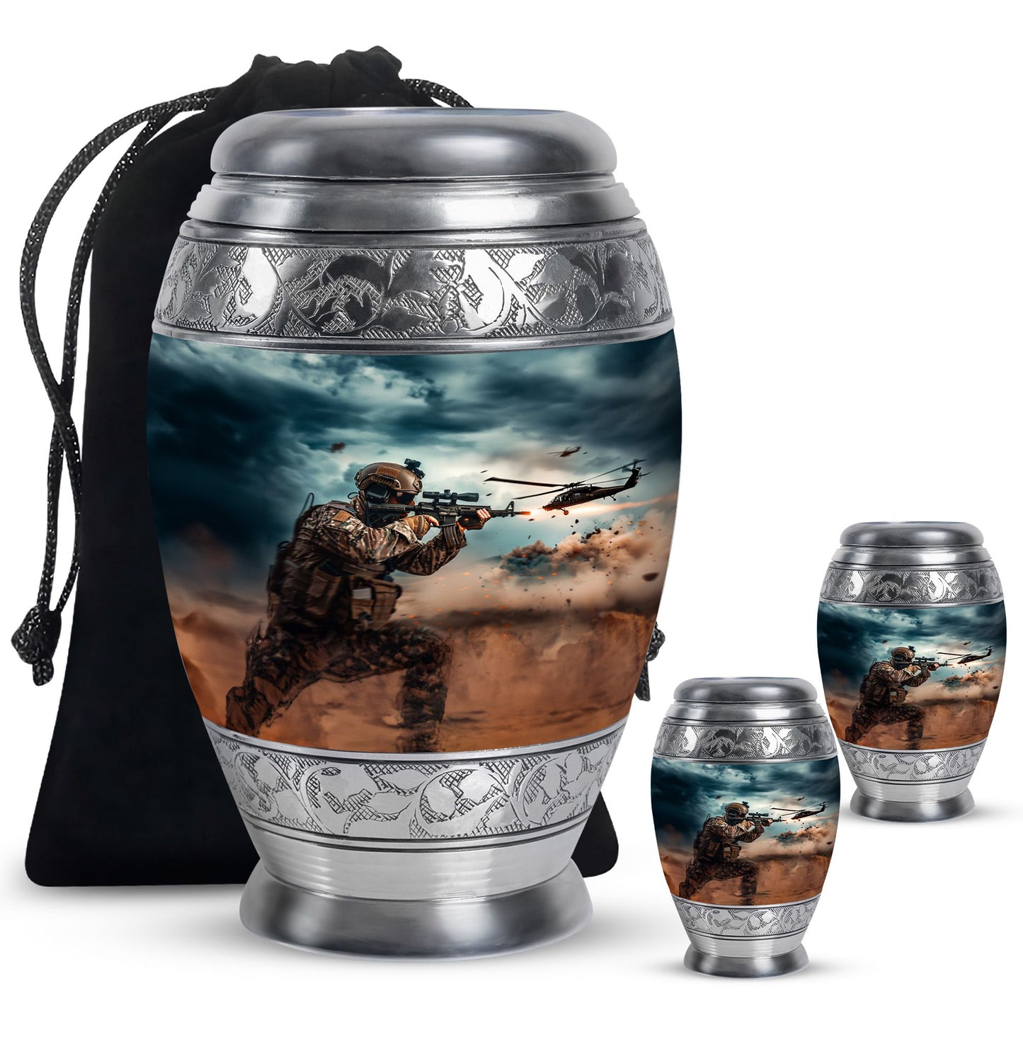 Military Urn for Human Ashes with Soldier and Helicopter Scene, Memorial Urn