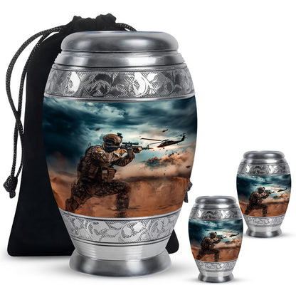 Military Urn for Human Ashes with Soldier and Helicopter Scene, Memorial Urn