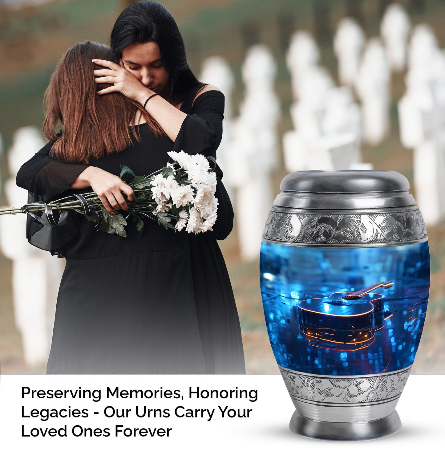 Blue Personalized Guitar Cremation Urn for Adult - 10-inch, 200 cu in - Yatskia