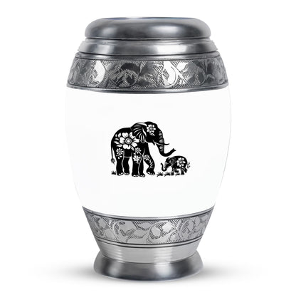 Elephant Urn for Human Ashes, White Urn with Black Floral Elephant and Calf, Memorial Urn