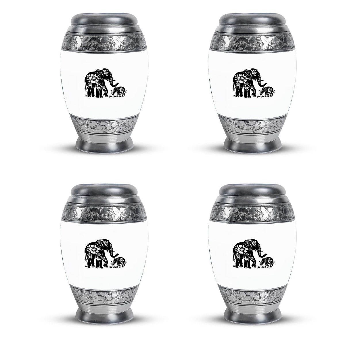 Elephant Urn for Human Ashes, White Urn with Black Floral Elephant and Calf, Memorial Urn