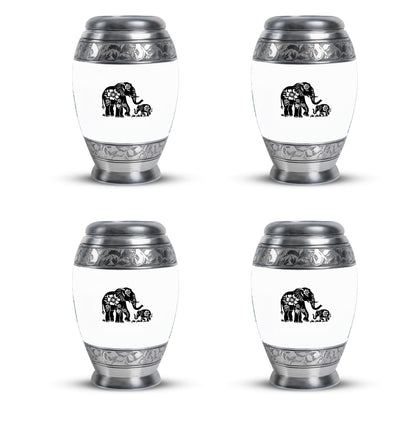 Elephant Urn for Human Ashes, White Urn with Black Floral Elephant and Calf, Memorial Urn