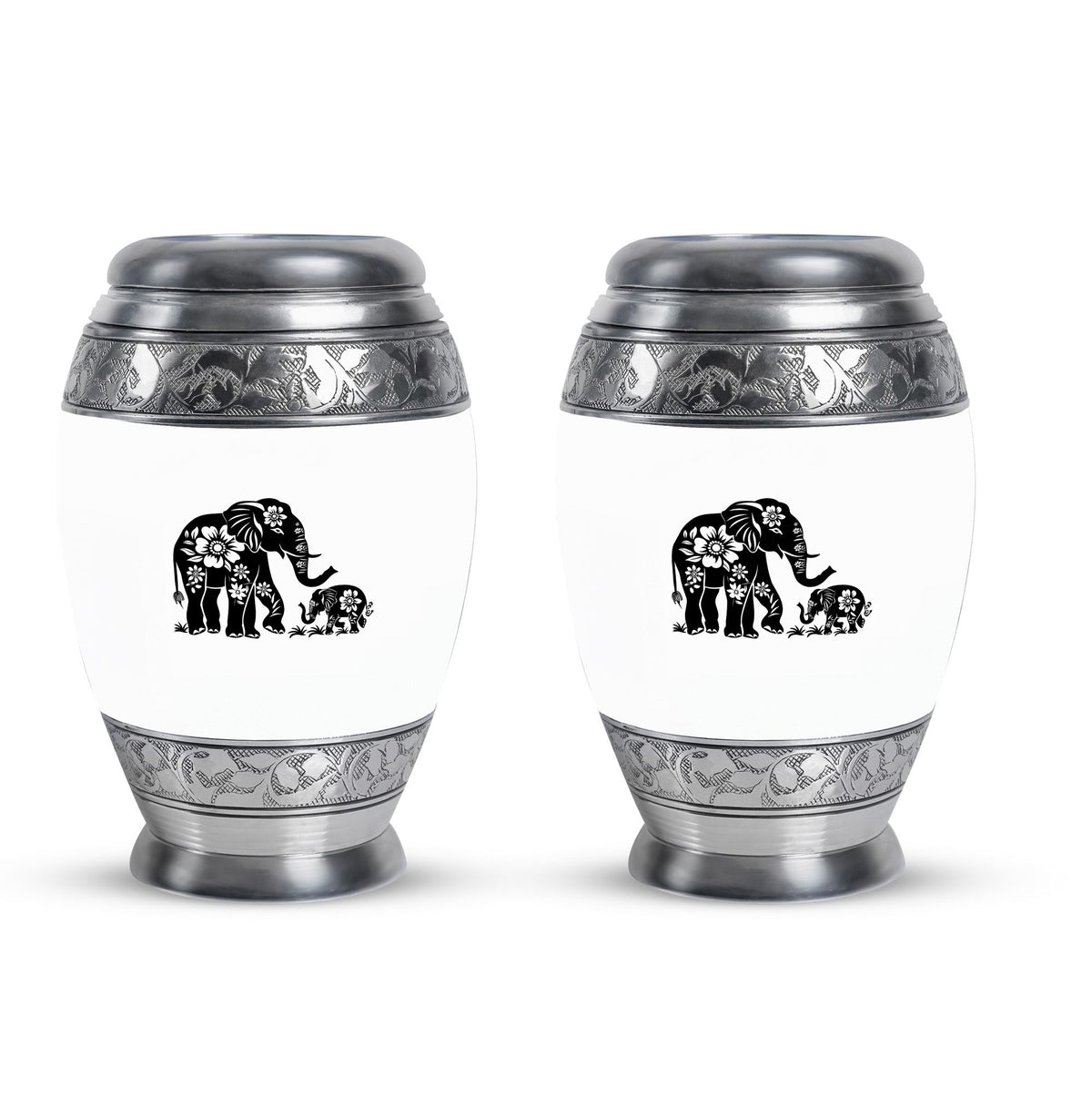 Elephant Urn for Human Ashes, White Urn with Black Floral Elephant and Calf, Memorial Urn