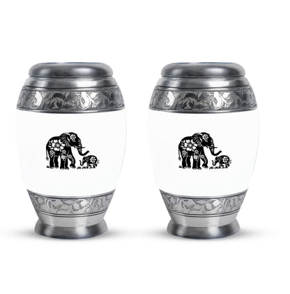 Elephant Urn for Human Ashes, White Urn with Black Floral Elephant and Calf, Memorial Urn