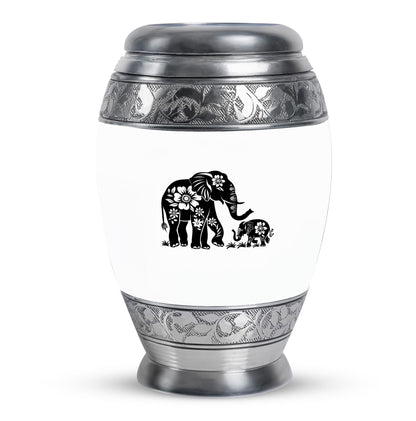 Elephant Urn for Human Ashes, White Urn with Black Floral Elephant and Calf, Memorial Urn