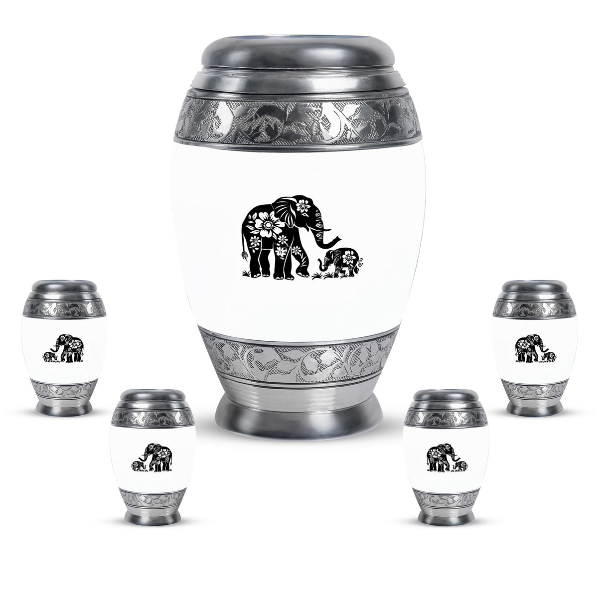 Elephant Urn for Human Ashes, White Urn with Black Floral Elephant and Calf, Memorial Urn