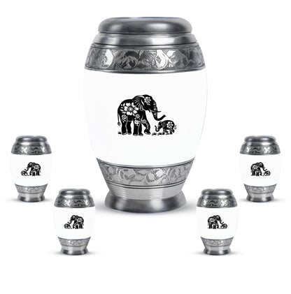 Elephant Urn for Human Ashes, White Urn with Black Floral Elephant and Calf, Memorial Urn