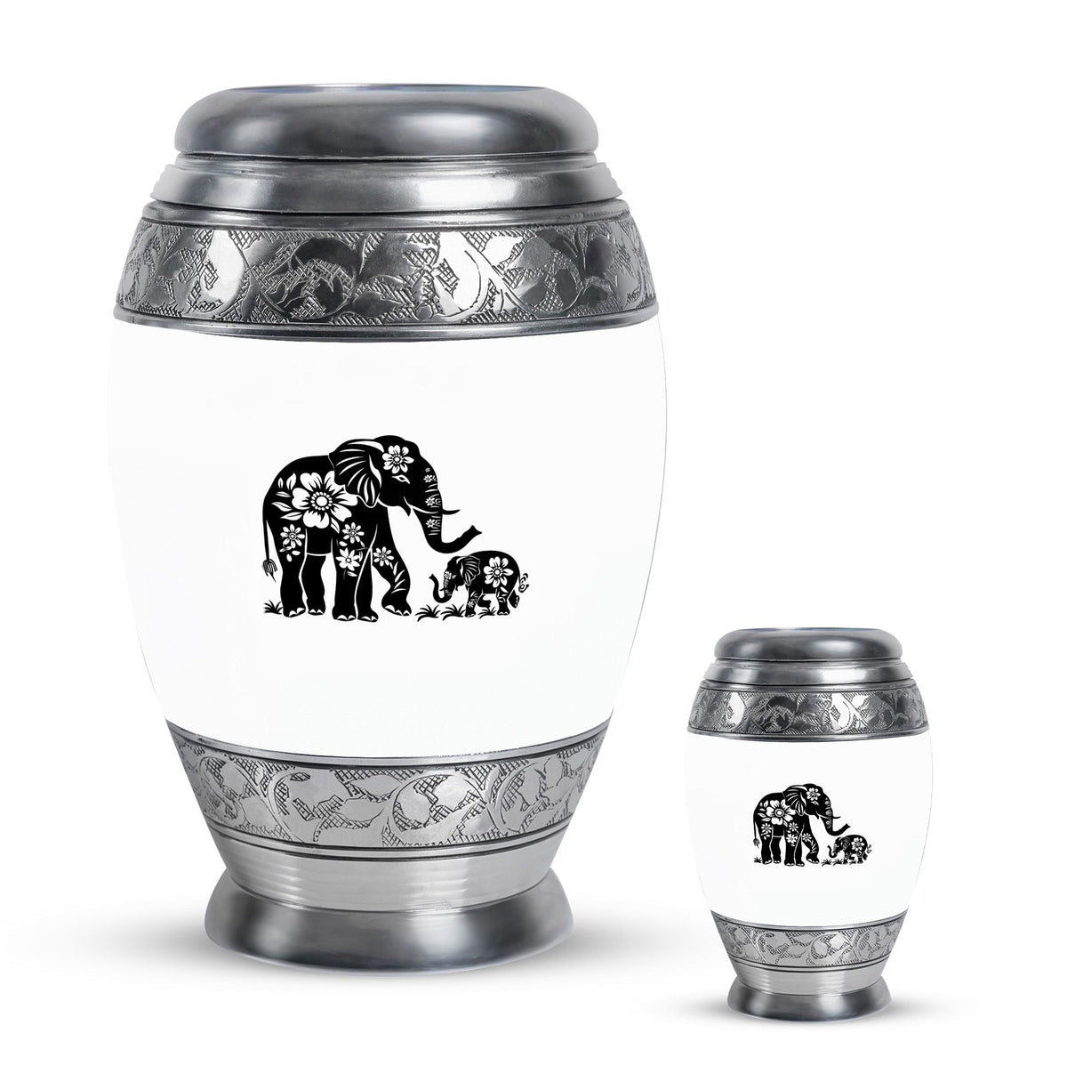 Elephant Urn for Human Ashes, White Urn with Black Floral Elephant and Calf, Memorial Urn