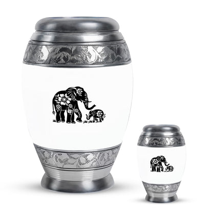 Elephant Urn for Human Ashes, White Urn with Black Floral Elephant and Calf, Memorial Urn