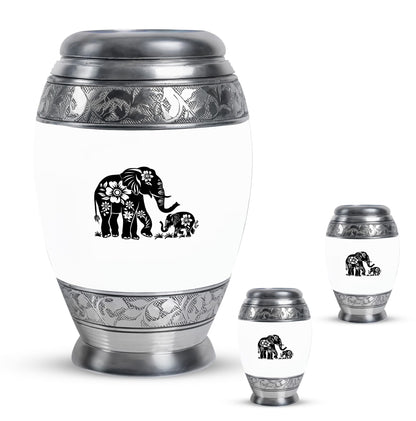 Elephant Urn for Human Ashes, White Urn with Black Floral Elephant and Calf, Memorial Urn
