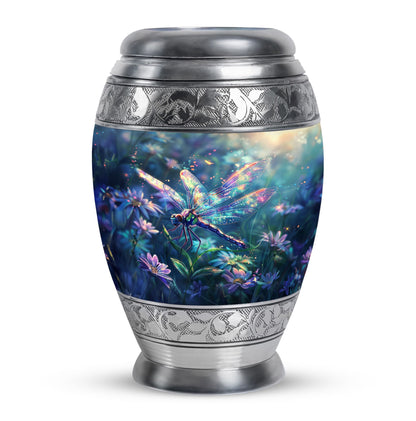 Dragonfly Urn for Human Ashes, Iridescent Among Spring Wildflowers, Classic Memorial Urn