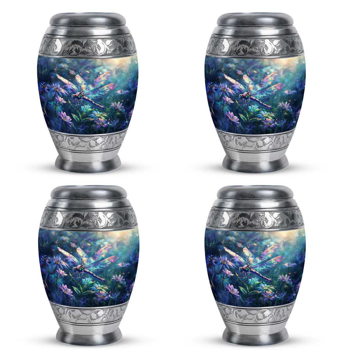 Dragonfly Urn for Human Ashes, Iridescent Among Spring Wildflowers, Classic Memorial Urn