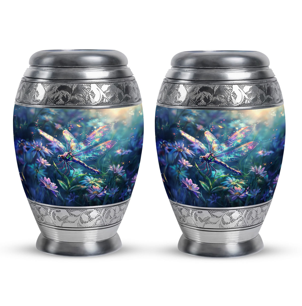 Dragonfly Urn for Human Ashes, Iridescent Among Spring Wildflowers, Classic Memorial Urn