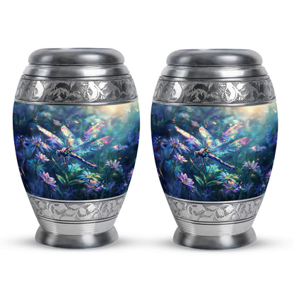 Dragonfly Urn for Human Ashes, Iridescent Among Spring Wildflowers, Classic Memorial Urn