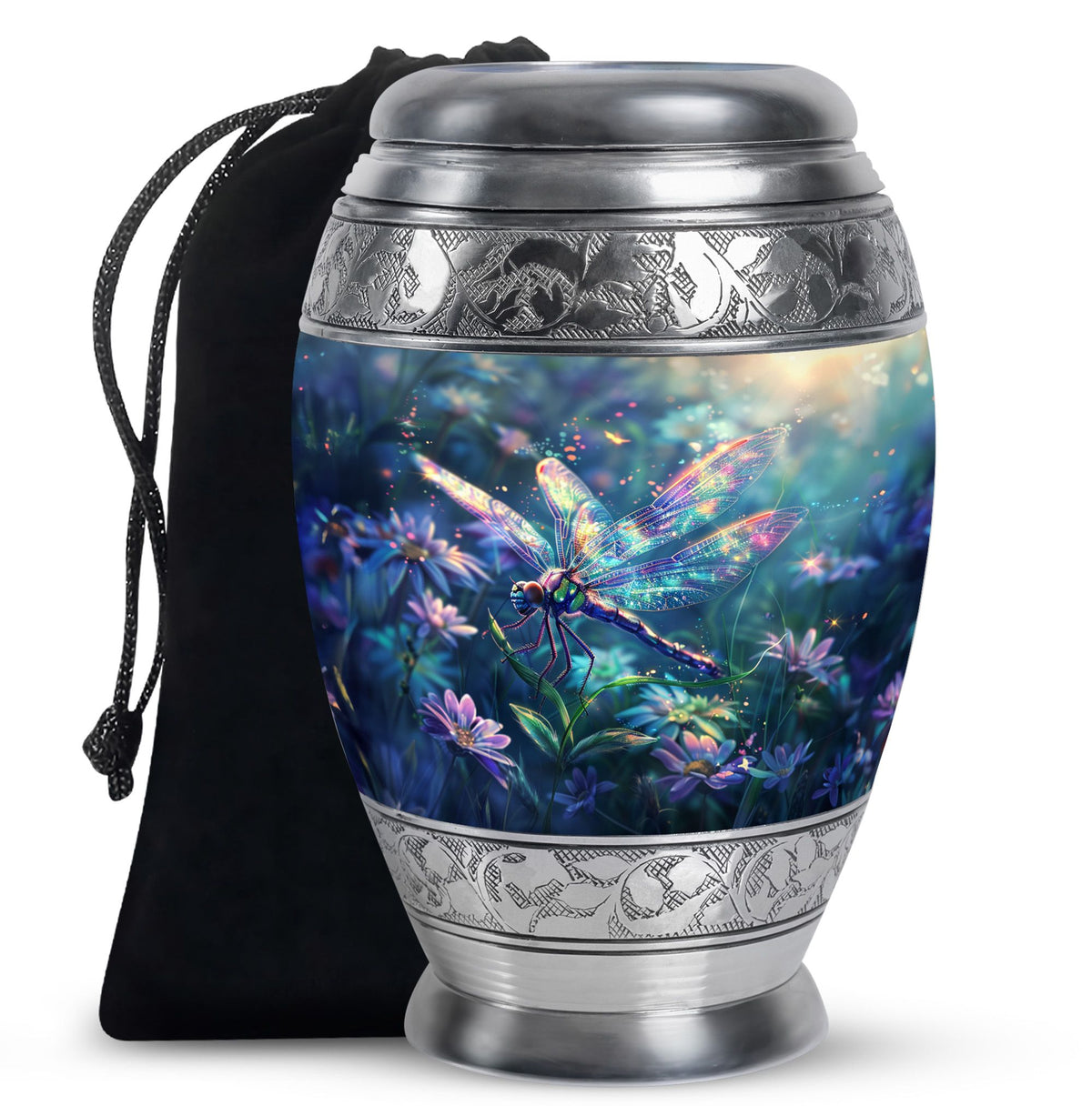 Dragonfly Urn for Human Ashes, Iridescent Among Spring Wildflowers, Classic Memorial Urn