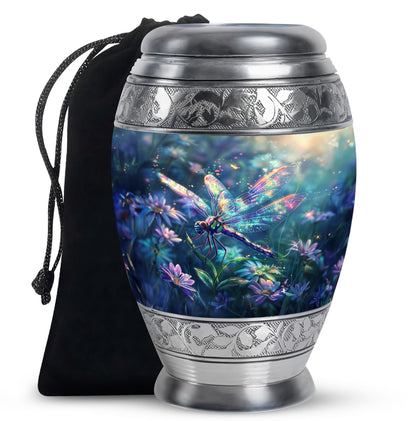 Dragonfly Urn for Human Ashes, Iridescent Among Spring Wildflowers, Classic Memorial Urn