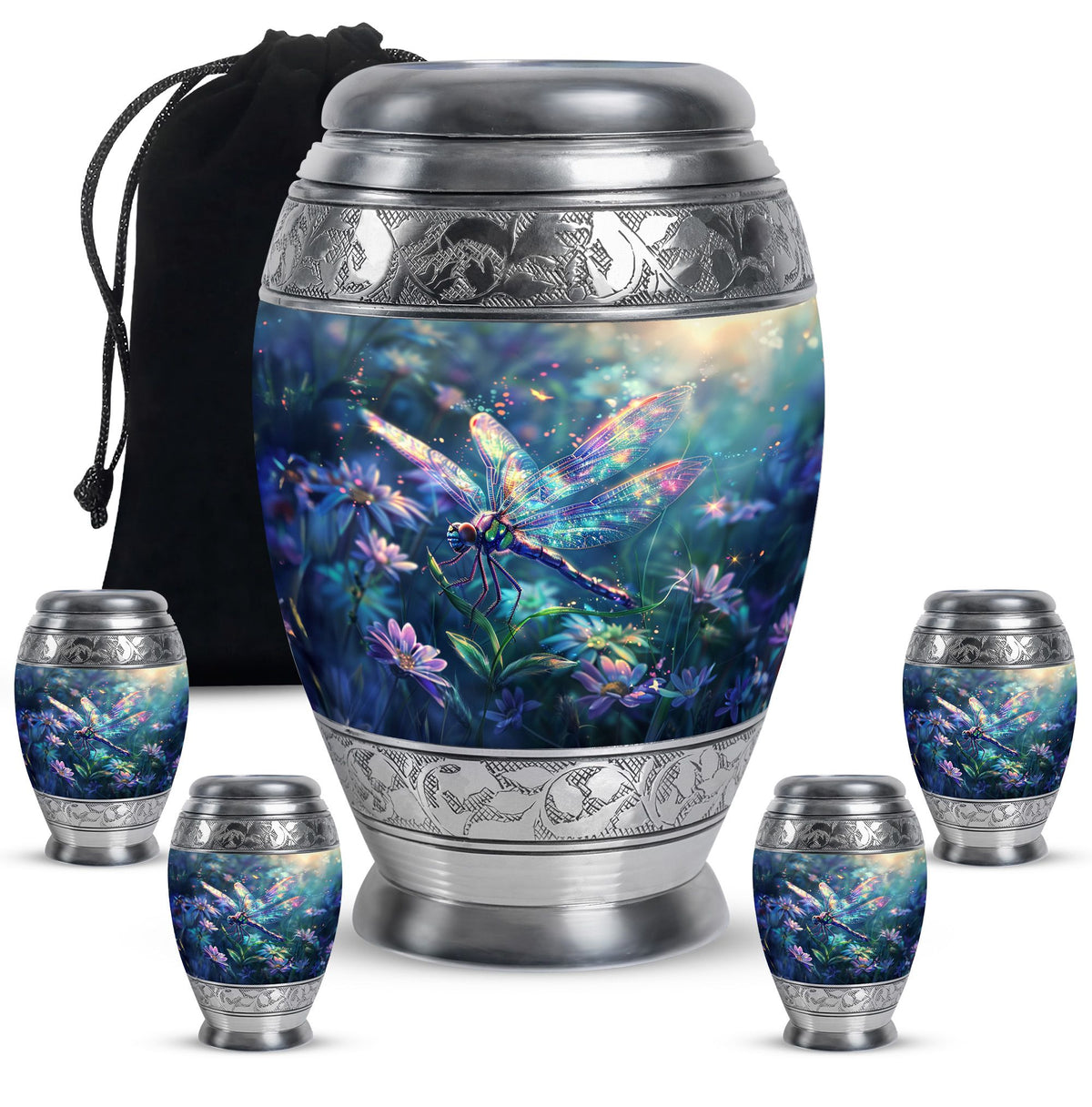 Dragonfly Urn for Human Ashes, Iridescent Among Spring Wildflowers, Classic Memorial Urn