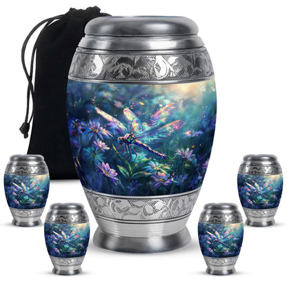 Dragonfly Urn for Human Ashes, Iridescent Among Spring Wildflowers, Classic Memorial Urn
