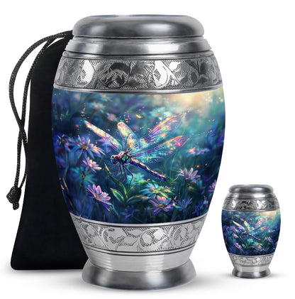 Dragonfly Urn for Human Ashes, Iridescent Among Spring Wildflowers, Classic Memorial Urn