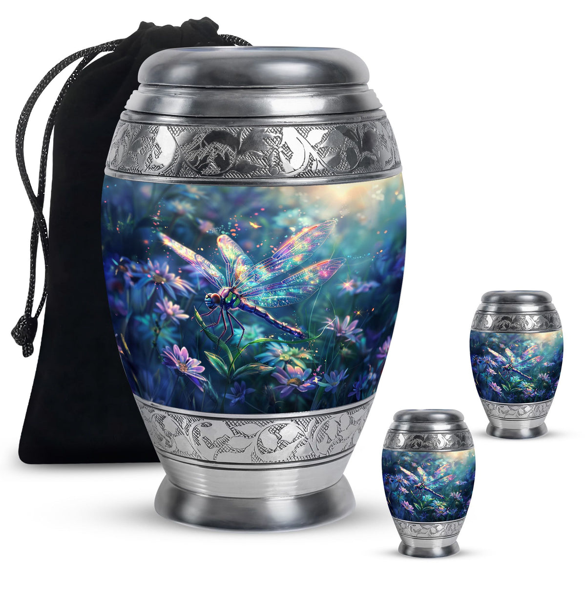 Dragonfly Urn for Human Ashes, Iridescent Among Spring Wildflowers, Classic Memorial Urn