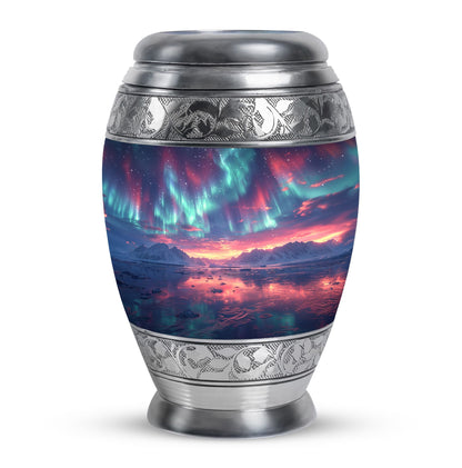 Aurora Borealis Urn for Human Ashes, over Sunset Mountains and Water, Cremation Urn