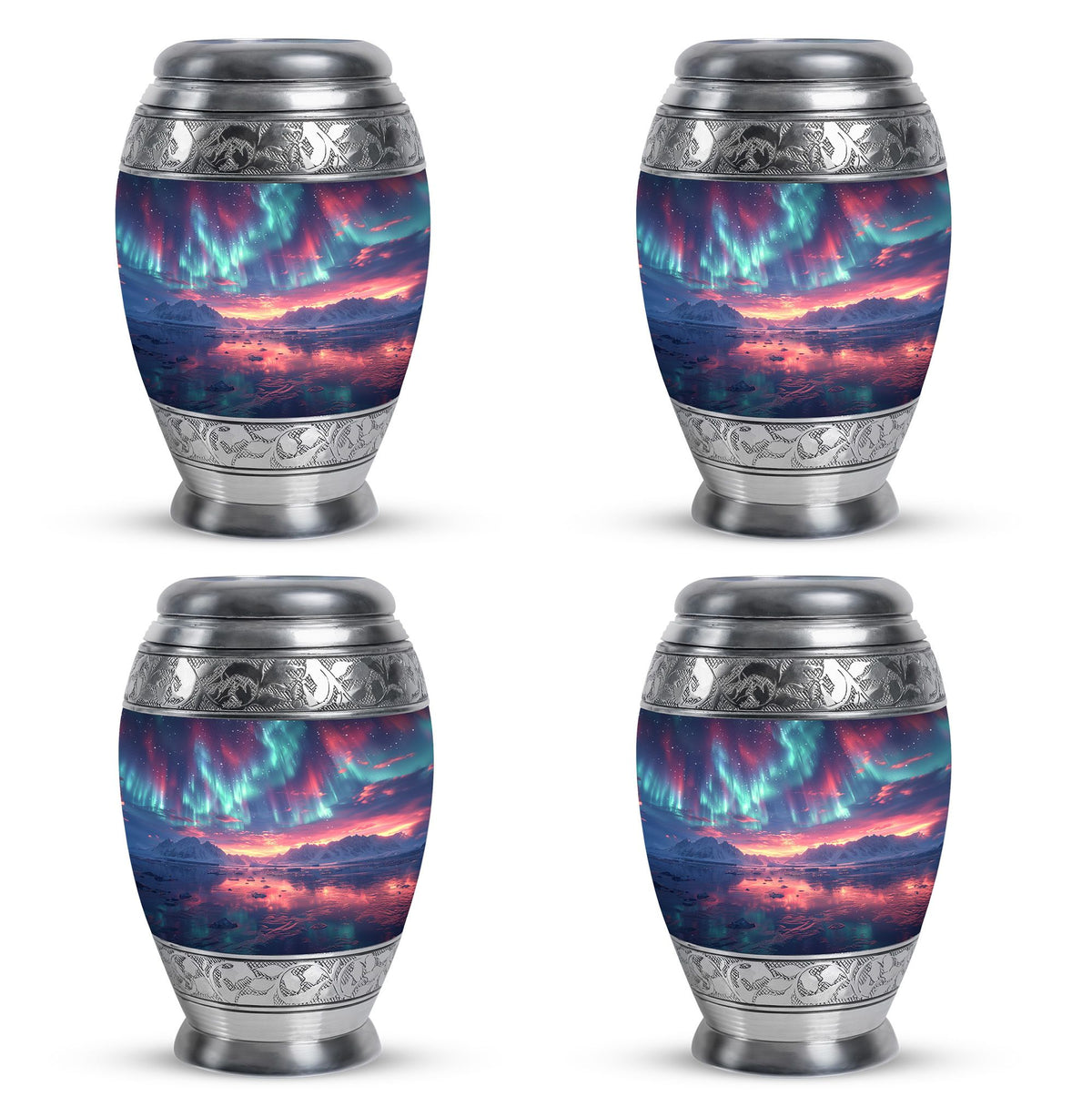 Aurora Borealis Urn for Human Ashes, over Sunset Mountains and Water, Cremation Urn