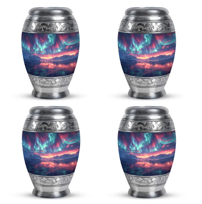 Aurora Borealis Urn for Human Ashes, over Sunset Mountains and Water, Cremation Urn