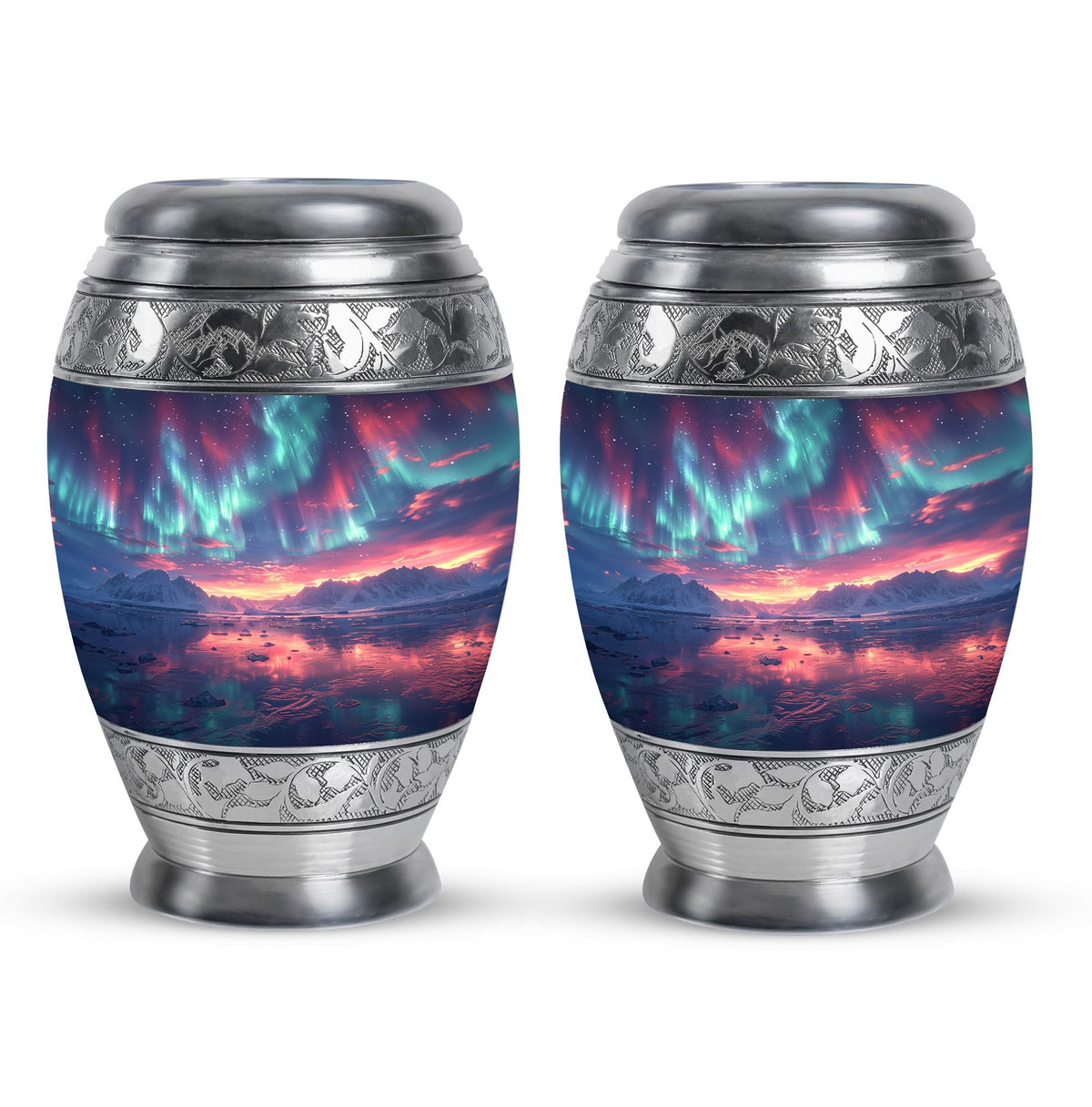 Aurora Borealis Urn for Human Ashes, over Sunset Mountains and Water, Cremation Urn