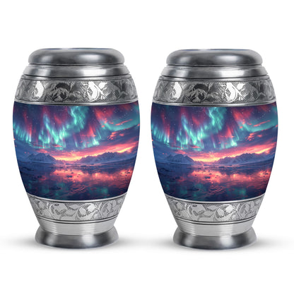 Aurora Borealis Urn for Human Ashes, over Sunset Mountains and Water, Cremation Urn