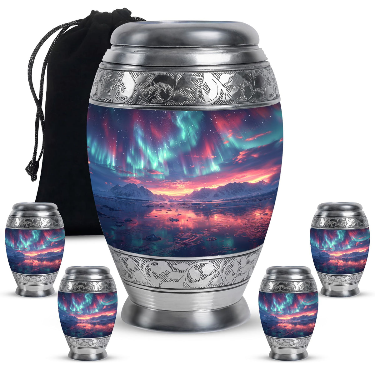 Aurora Borealis Urn for Human Ashes, over Sunset Mountains and Water, Cremation Urn