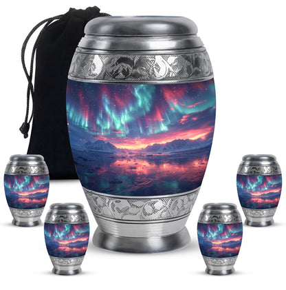 Aurora Borealis Urn for Human Ashes, over Sunset Mountains and Water, Cremation Urn