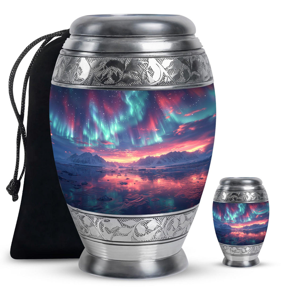 Aurora Borealis Urn for Human Ashes, over Sunset Mountains and Water, Cremation Urn