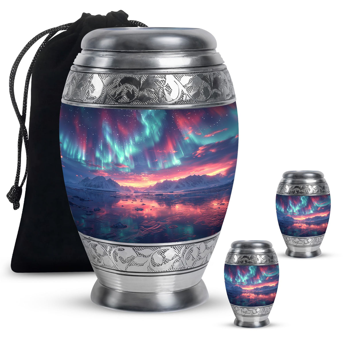 Aurora Borealis Urn for Human Ashes, over Sunset Mountains and Water, Cremation Urn