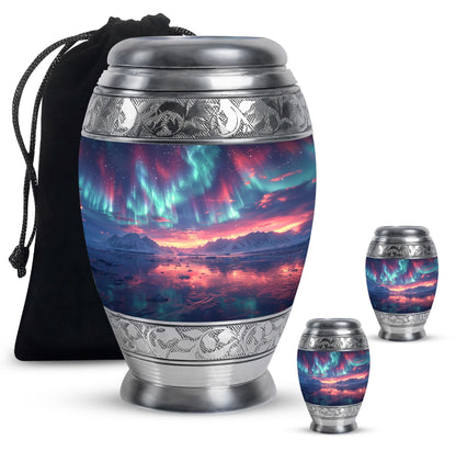 Aurora Borealis Urn for Human Ashes, over Sunset Mountains and Water, Cremation Urn
