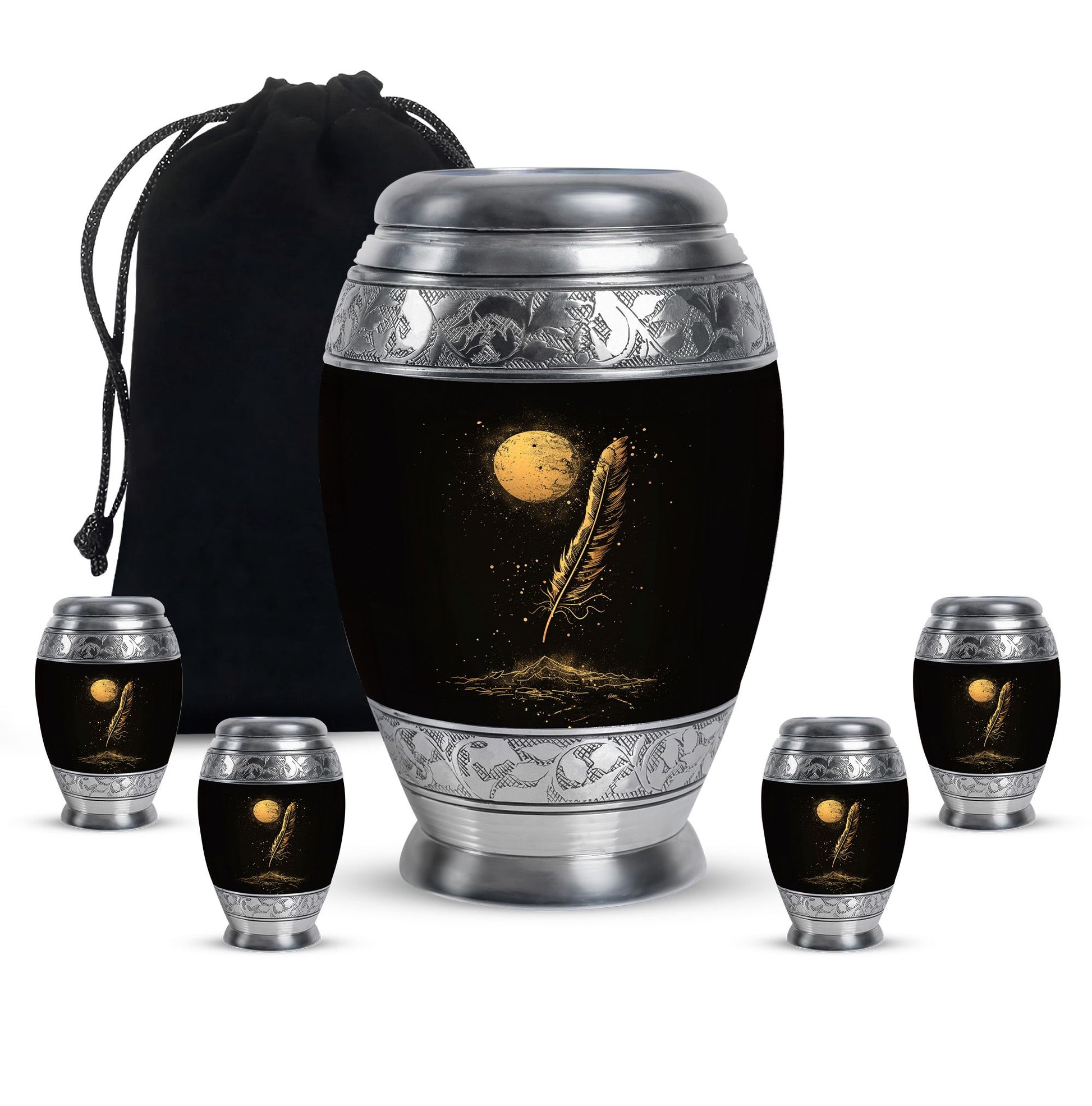 Black Moon Feather Decorative Urns - Cremation Urns For Human Ashes