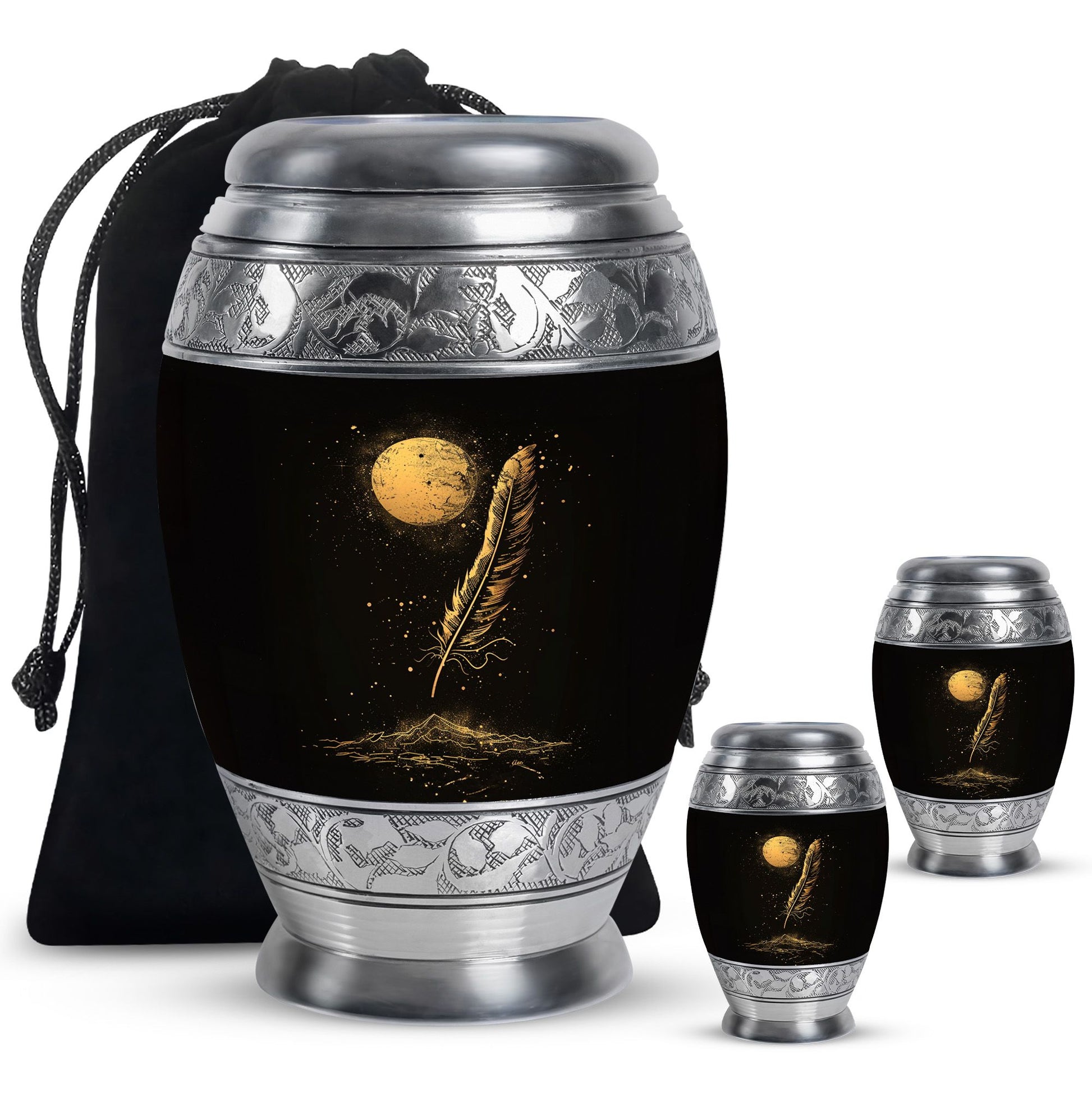 Black Moon Feather Decorative Urns - Cremation Urns For Human Ashes