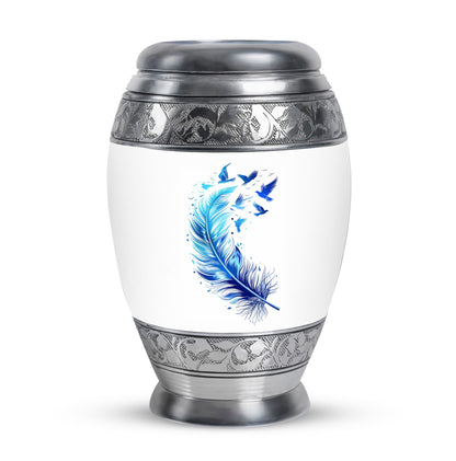 Blue Personalized Feather Cremation Urn for Women - 10-inch, 200 cu in - Yatskia