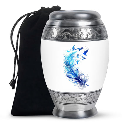 Blue Personalized Feather Cremation Urn for Women - 10-inch, 200 cu in - Yatskia