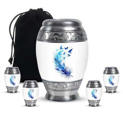 Blue Personalized Feather Cremation Urn for Women - 10-inch, 200 cu in - Yatskia