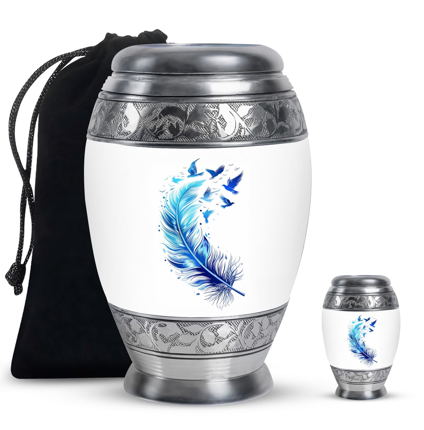 Blue Personalized Feather Cremation Urn for Women - 10-inch, 200 cu in - Yatskia