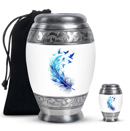 Blue Personalized Feather Cremation Urn for Women - 10-inch, 200 cu in - Yatskia