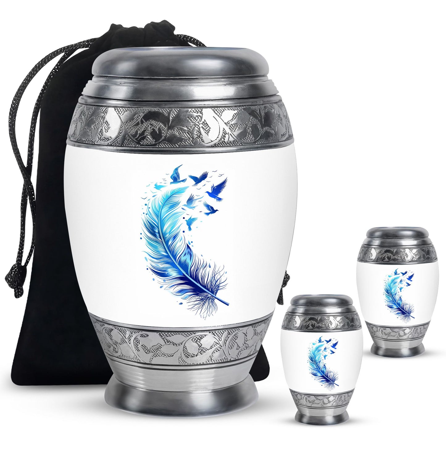 Blue Personalized Feather Cremation Urn for Women - 10-inch, 200 cu in - Yatskia