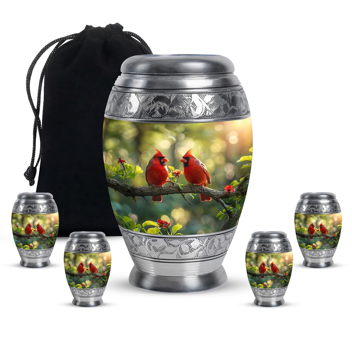 Cardinal Bird Theme Large Urn With 4 Keepsake Urn