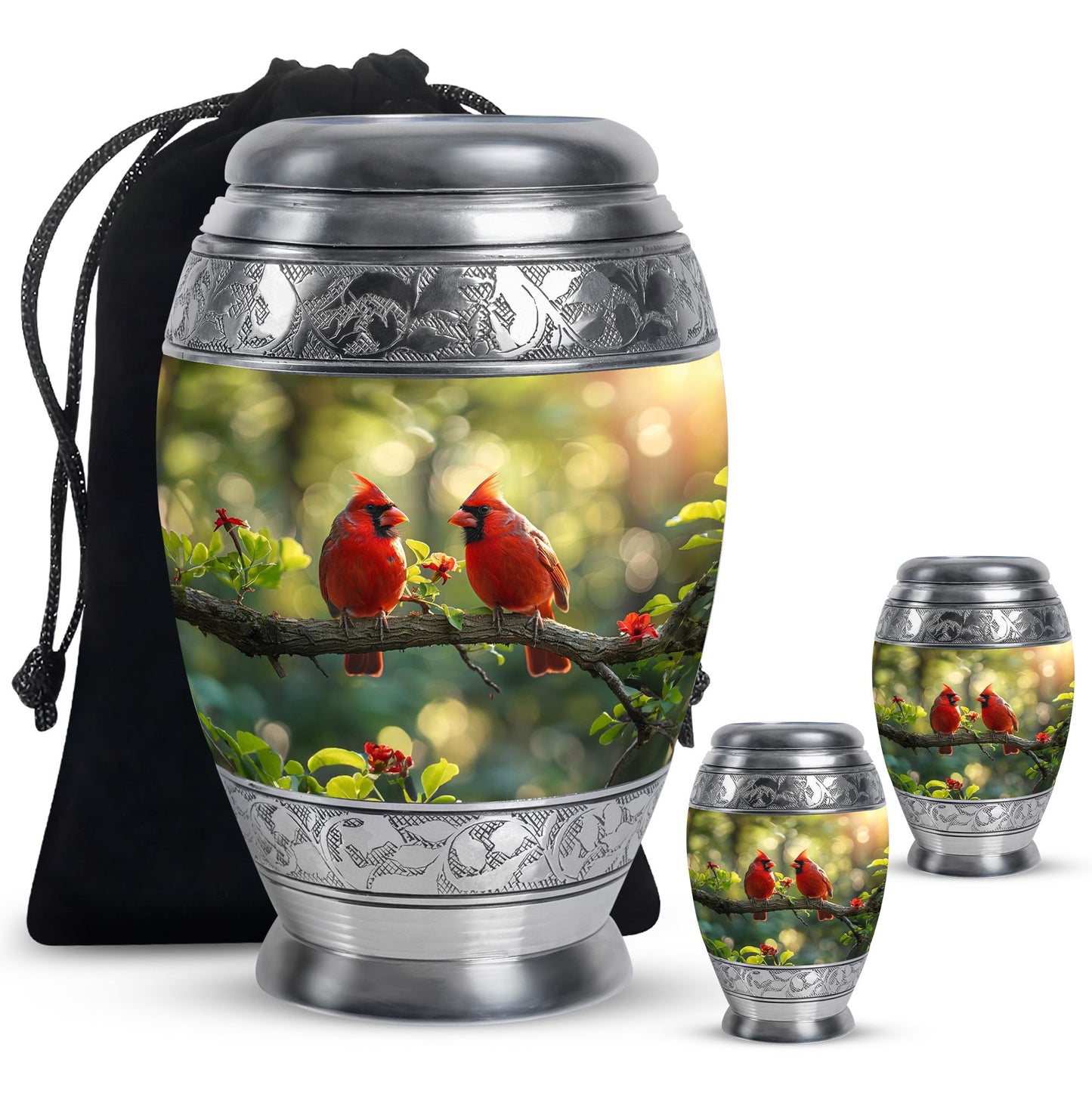 Cardinal Bird Theme Large Urn With 2 Keepsake Urn