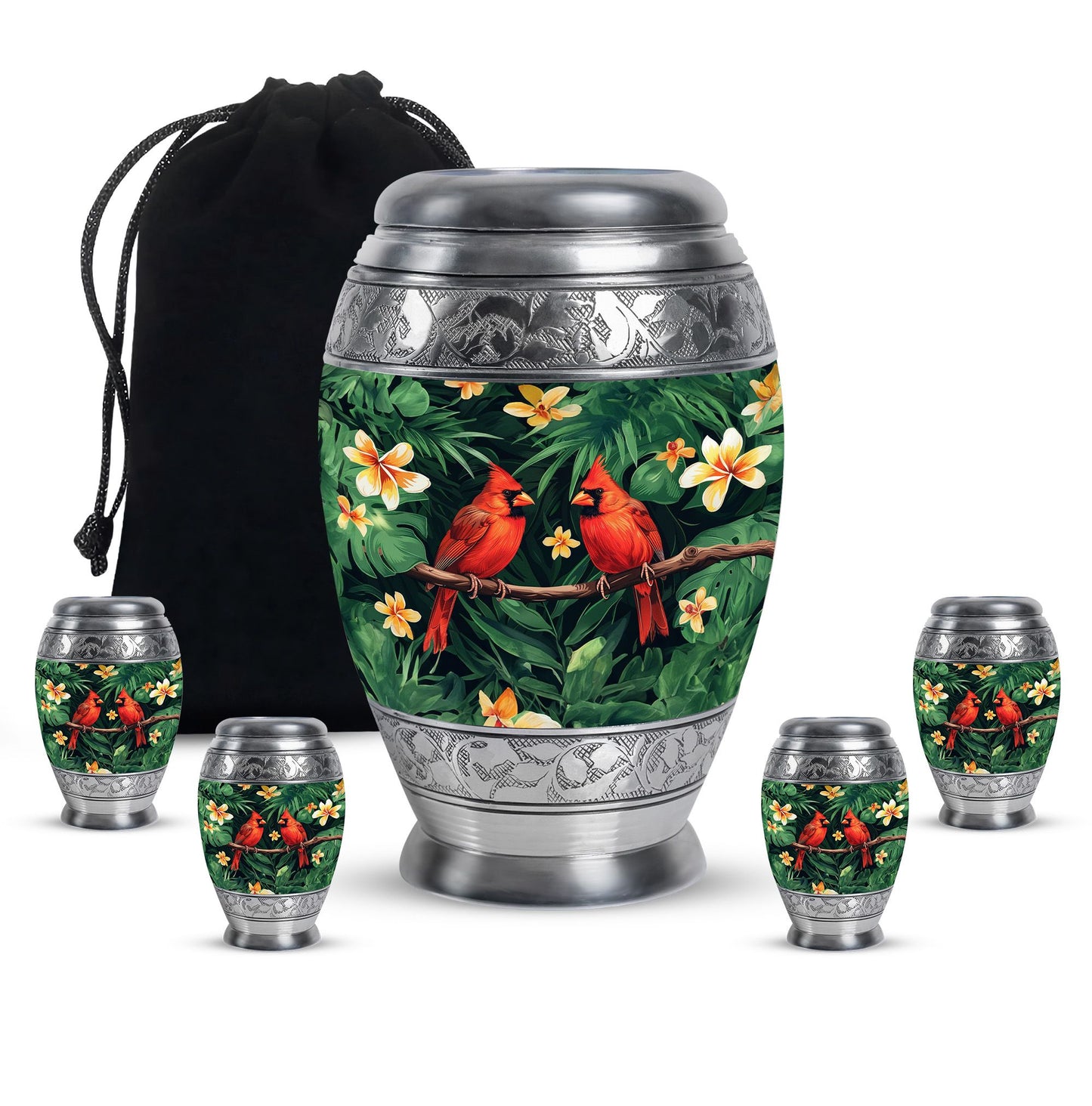 Cardinal Bird Theme Large Urn With 4 Keepsake Urn