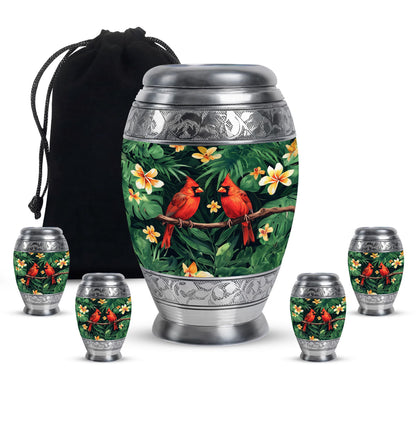 Cardinal Bird Theme Large Urn With 4 Keepsake Urn