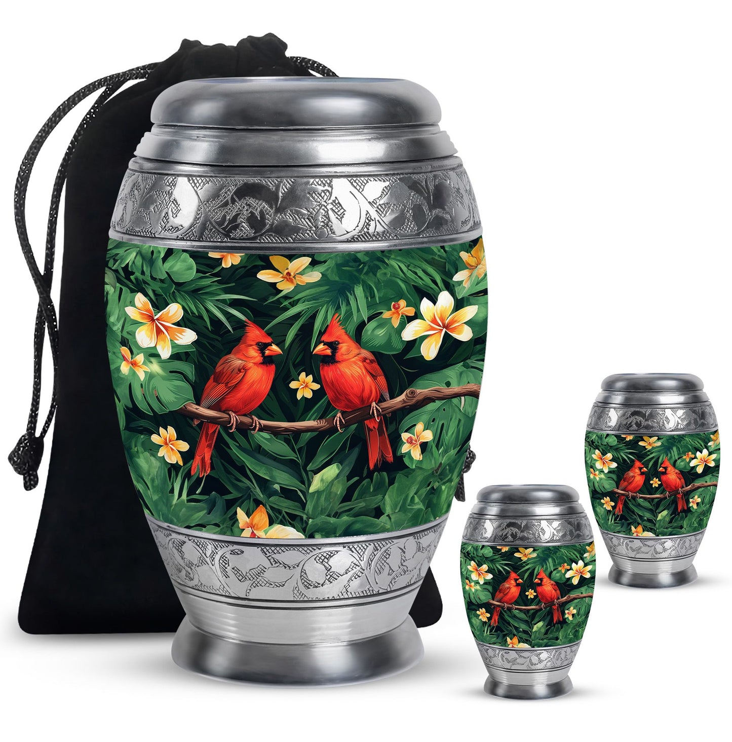 Cardinal Bird Theme Large Urn With 2 Keepsake Urn