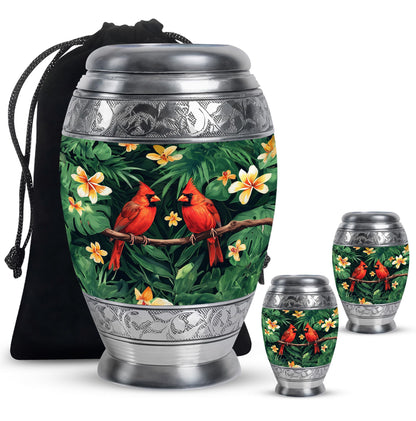 Cardinal Bird Theme Large Urn With 2 Keepsake Urn