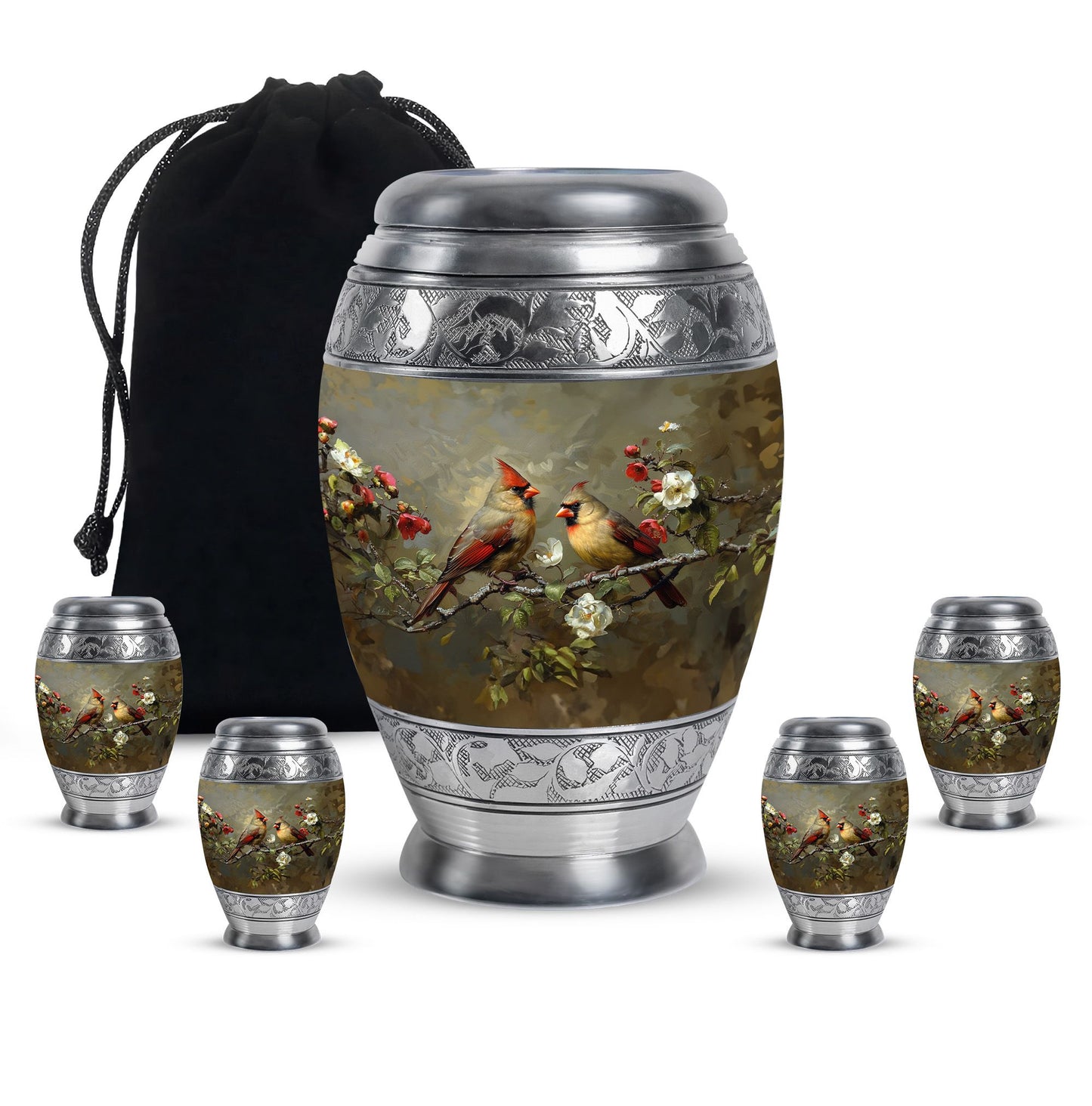 Cardinal Bird Theme Large Urn With 4 Keepsake Urn