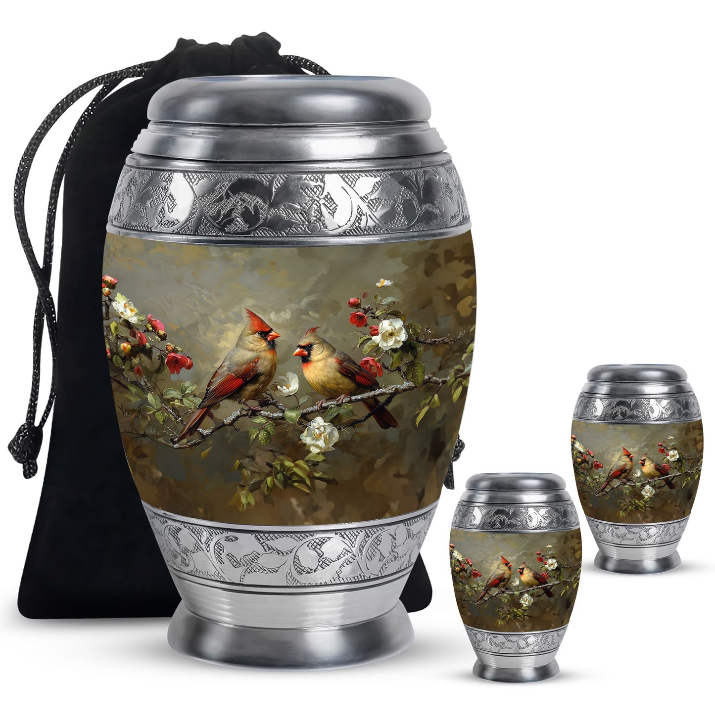 Cardinal Bird Theme Large Urn With 2 Keepsake Urn